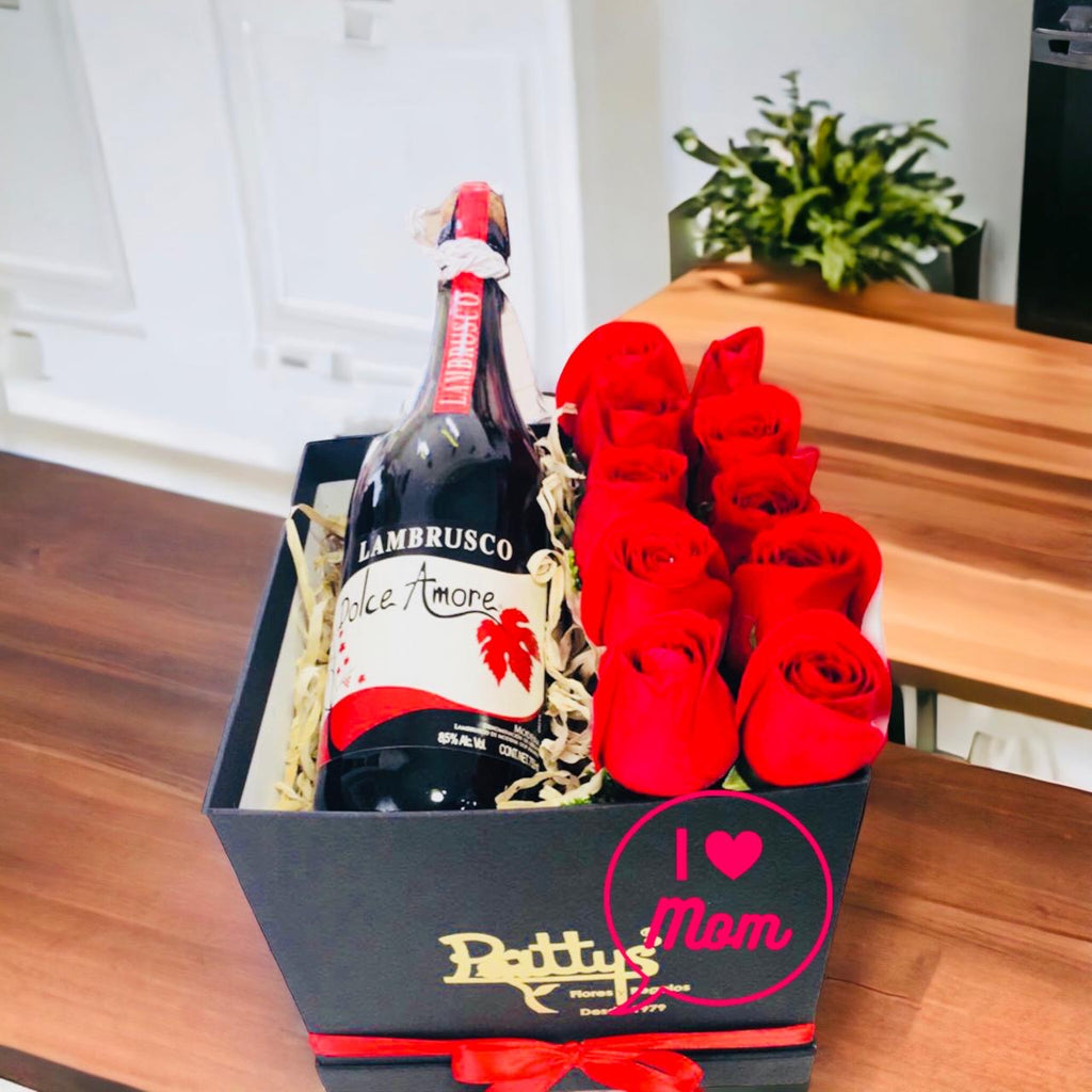 Caja de 10 rosas y botella de vino