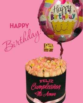 Flowers box, chocolates y globo