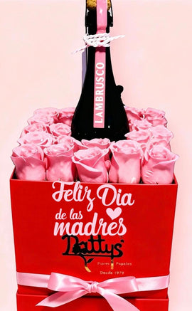 Caja de 20 rosas y botella de vino