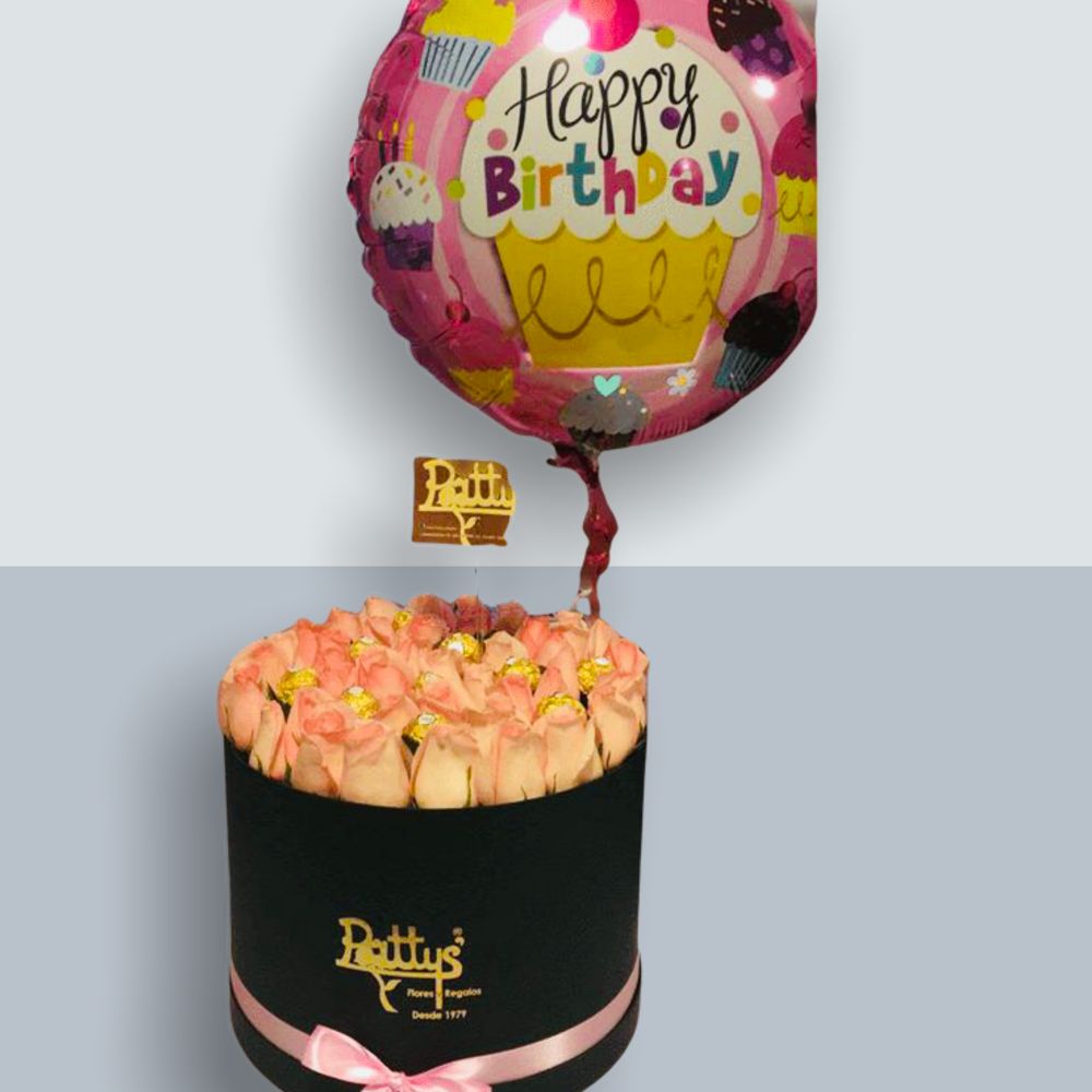 Flowers box, chocolates y globo